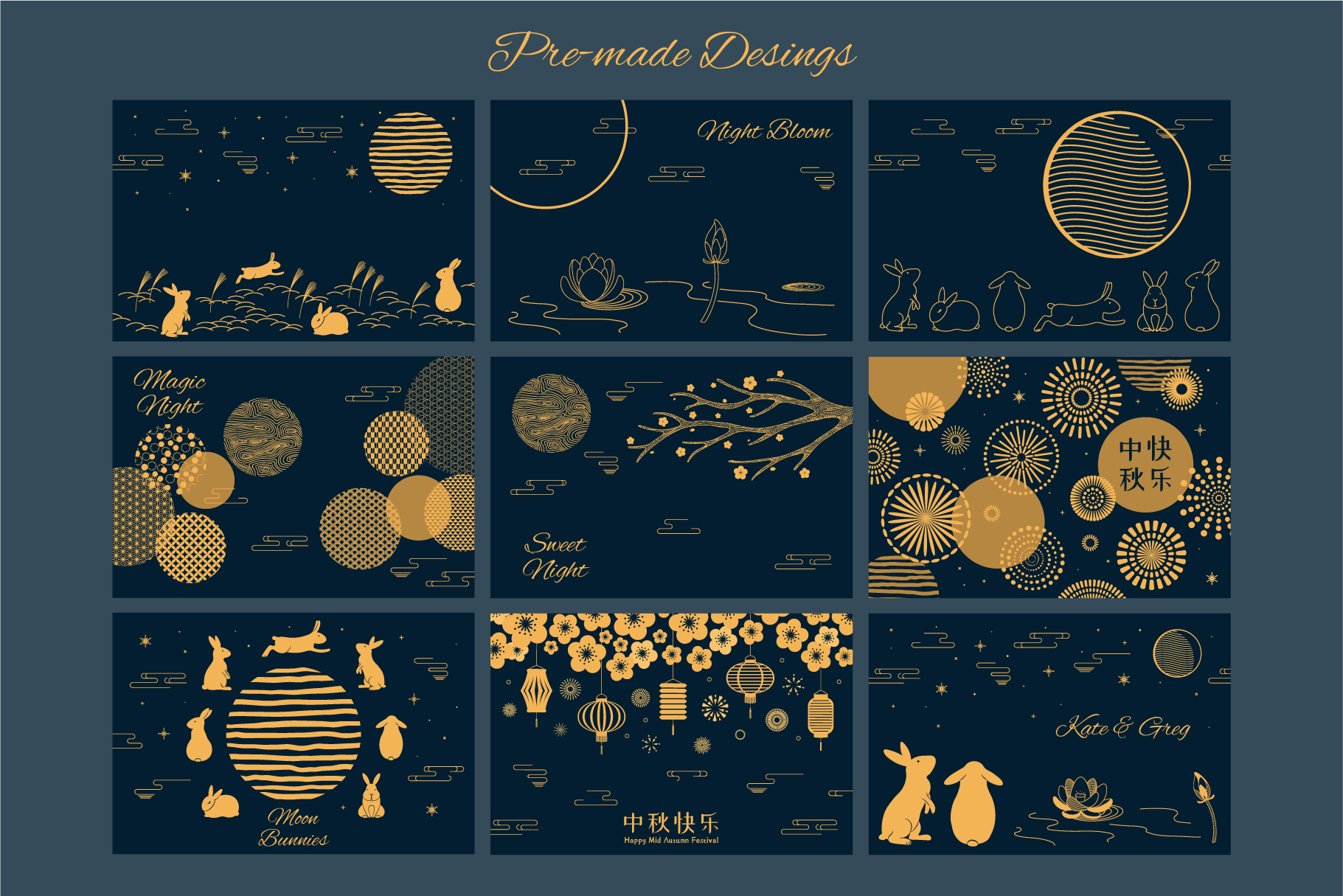 Preview of a print on the theme of moons and hares in yellow and black styles.