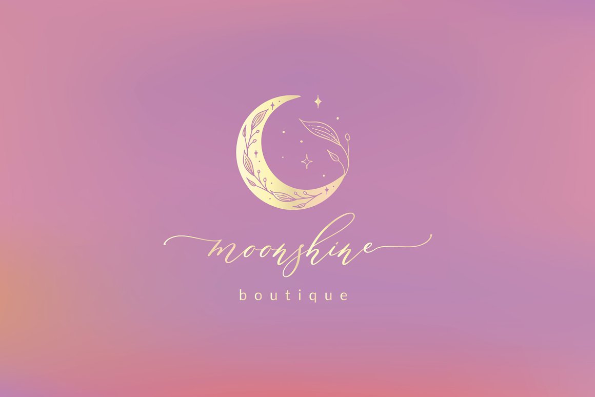 A logo with a golden moon, which is decorated with plants and an inscription "Moonshine boutique" on a pink background.