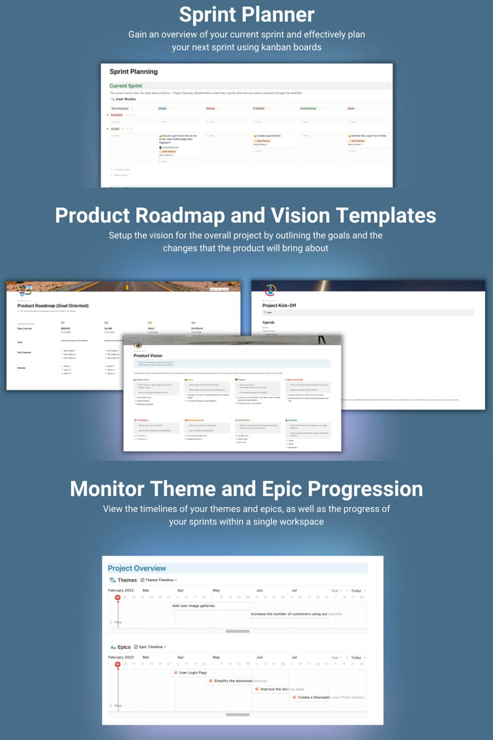 Sprint Planner, Product roadmap and vision templates and monitor theme and epic progression.
