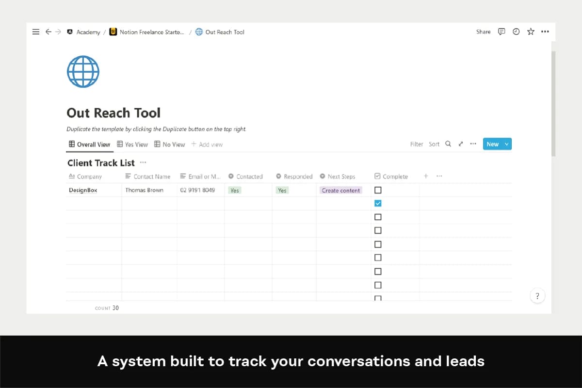 notion freelance starter kit, system built to track your conversations and leads.
