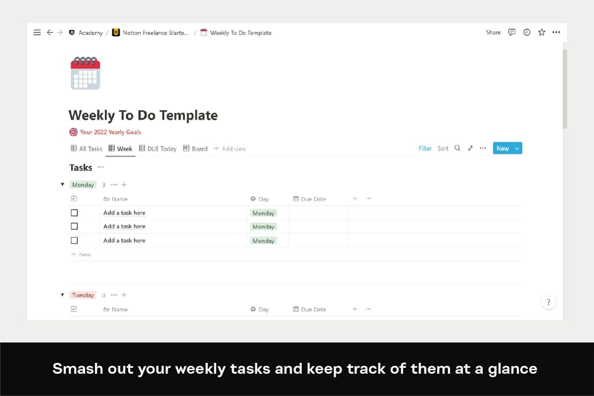 notion freelance starter kit, smash out your weekly tasks and keep track of them.