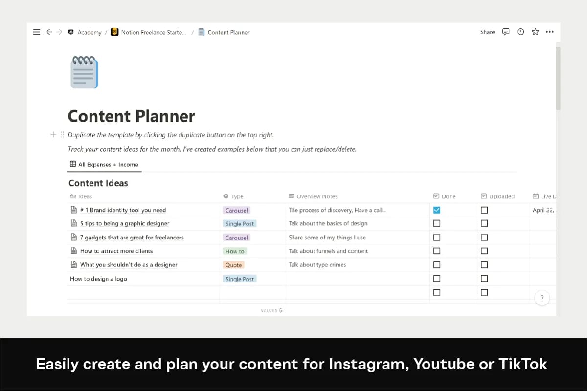 notion freelance starter kit, easily create and plan your content.