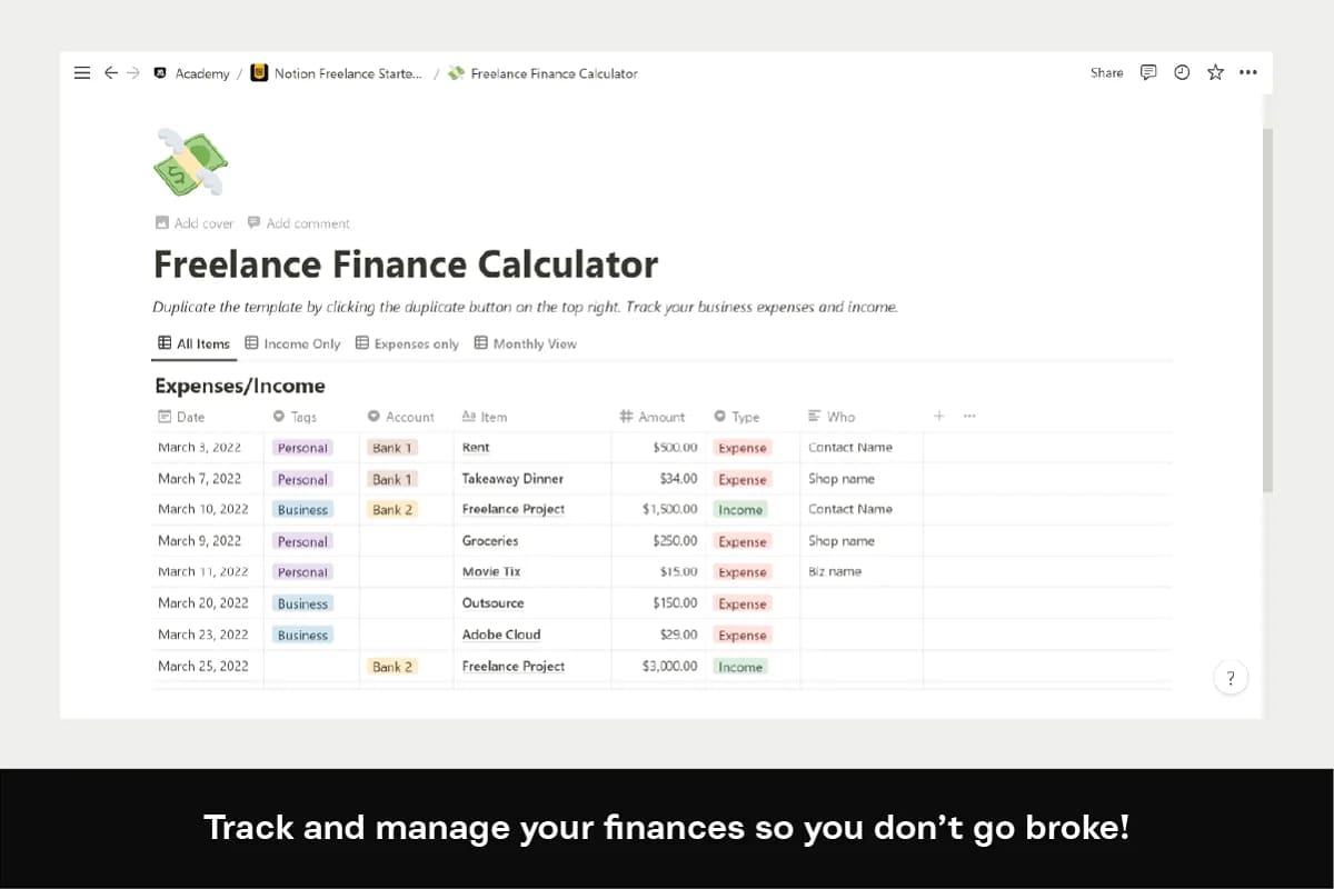 notion freelance starter kit, track and manage your finances.