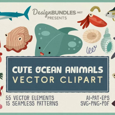 Cute Ocean Animals Vector Clipart Pack facebook image.