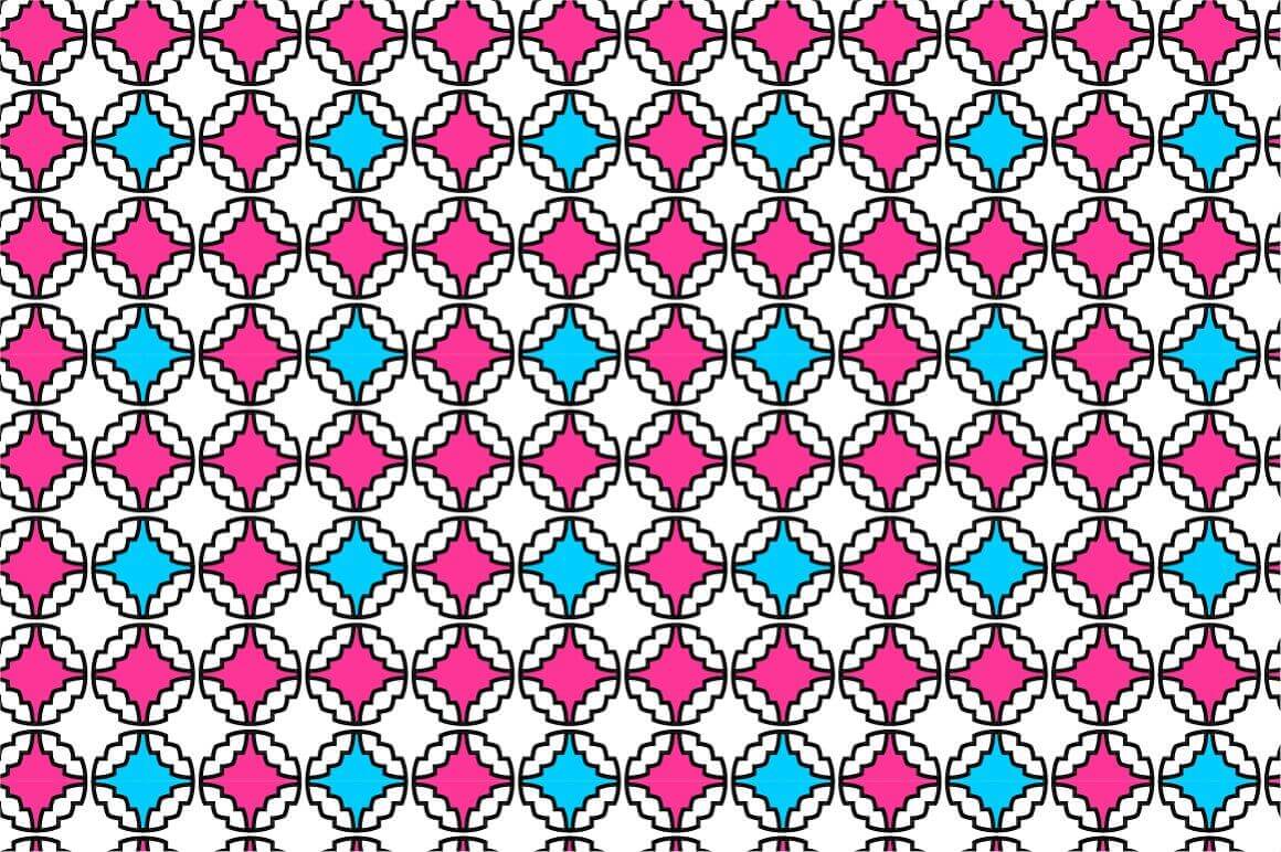 Color pattern of ornament in white, pink and blue with black outline.