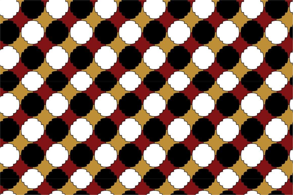 Decorative white and black circles and ellipses, and between them decorative rhombuses in yellow and burgundy.