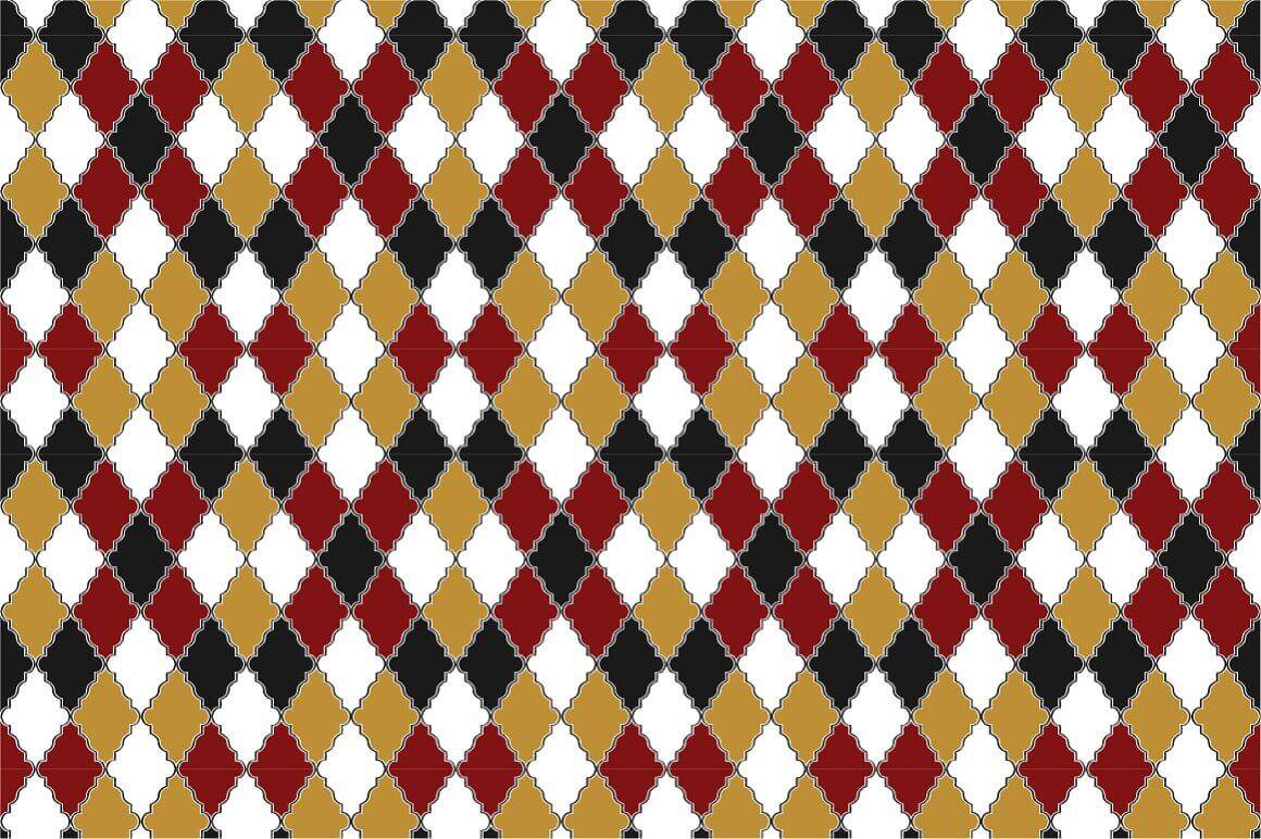 Ornament consisting of wavy rhombuses in white, black, mustard and burgundy colors.