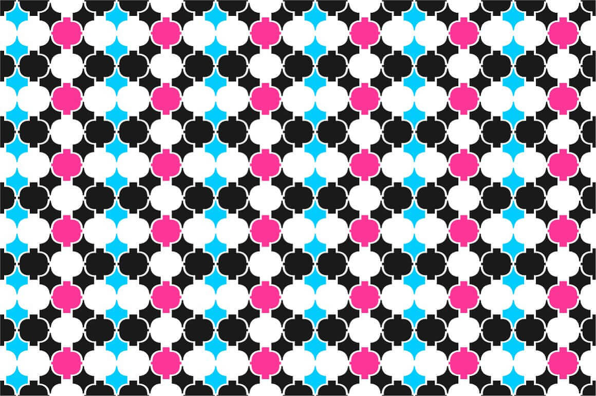 Abstract ornament of pomegranate shapes in black, white, pink and blue.