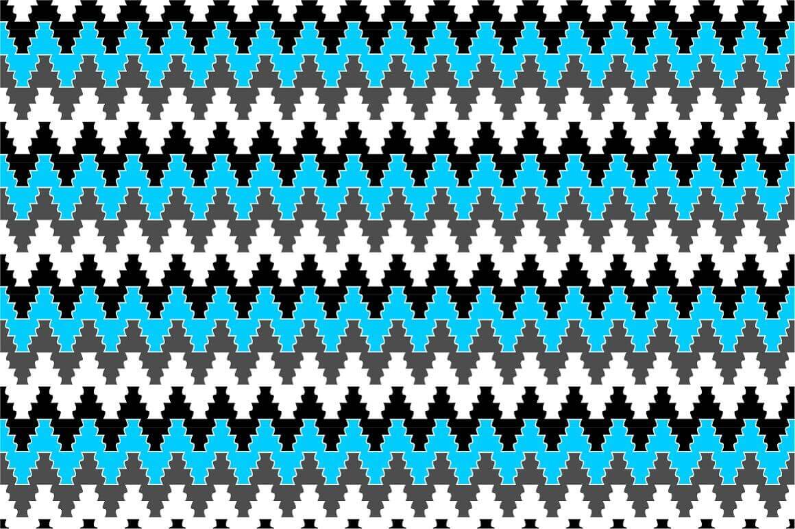 Zigzag curly stripes in white, grey, blue and black.
