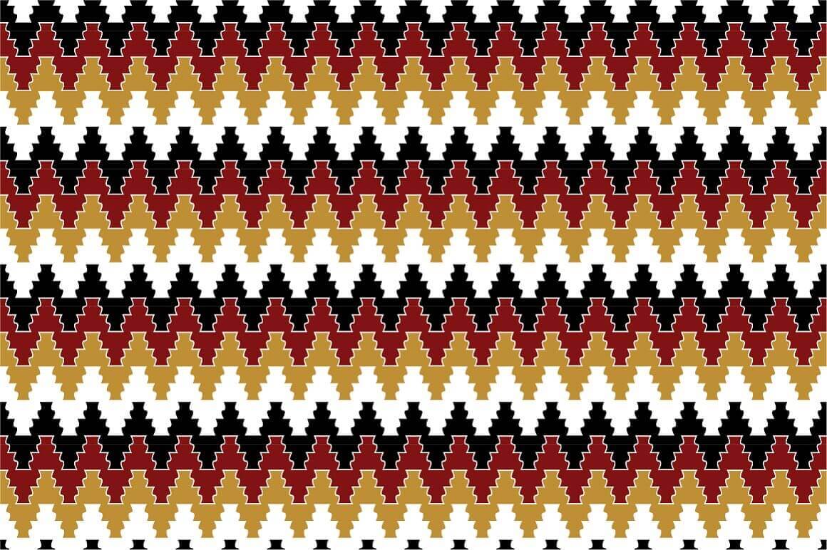 A zigzag ornament consisting of repeating colors of white, mustard, burgundy and black.