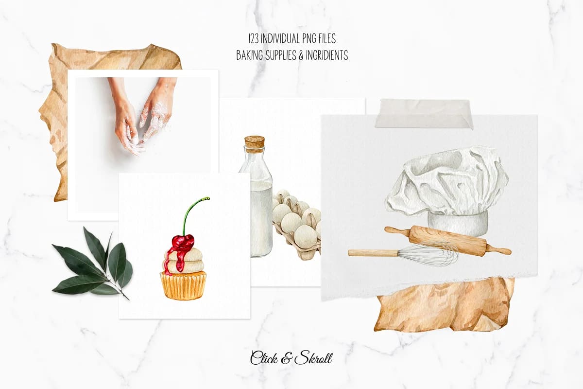 pastry cook bakery watercolor set of illustrations.