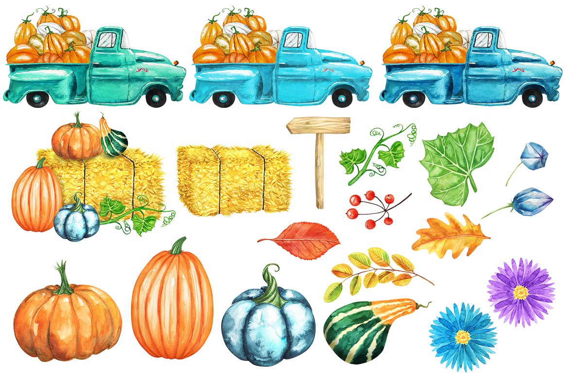 Painted trucks with pumpkins in the back, lots of pumpkins, hay, leaves and flowers.