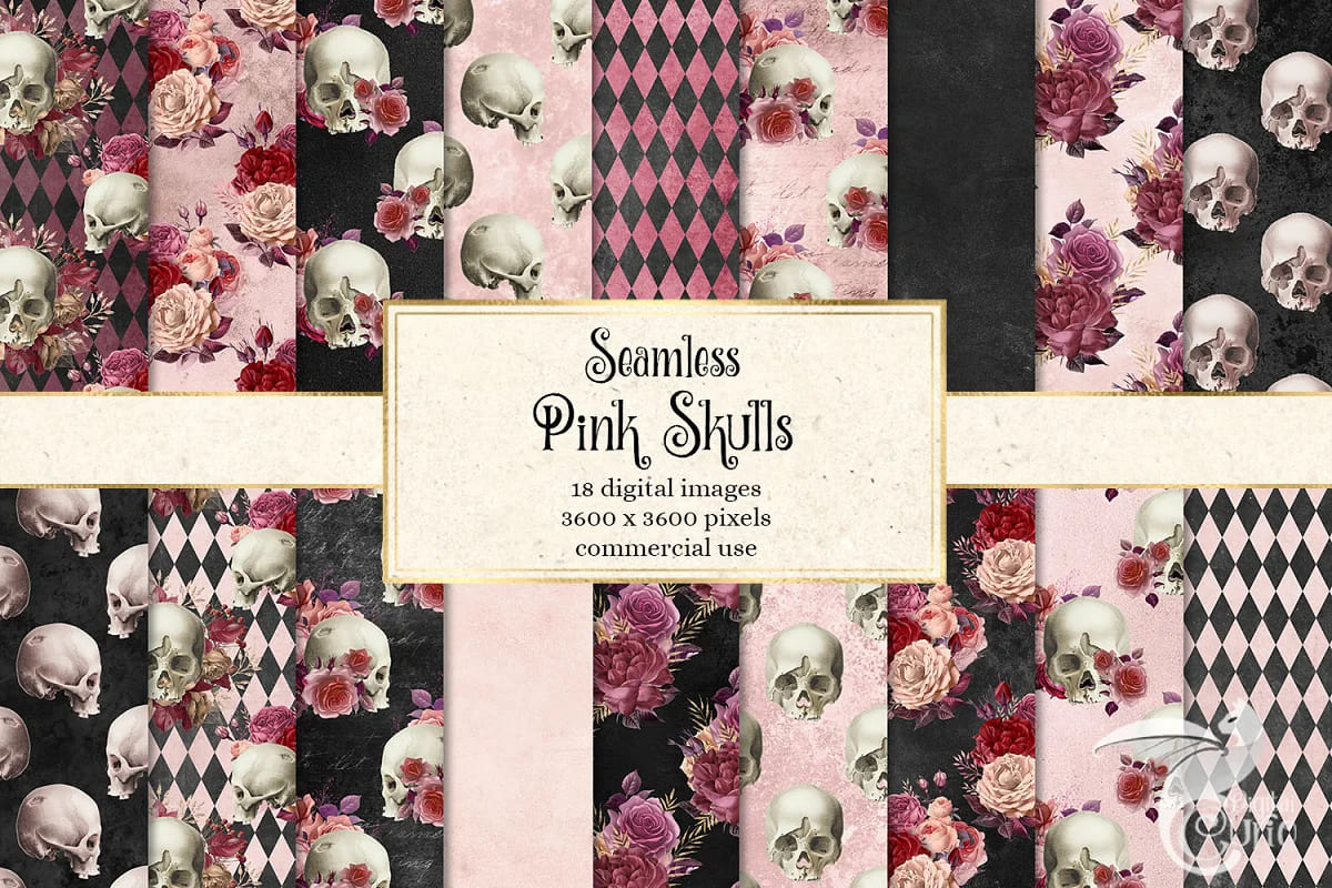 pink skull digital paper design.