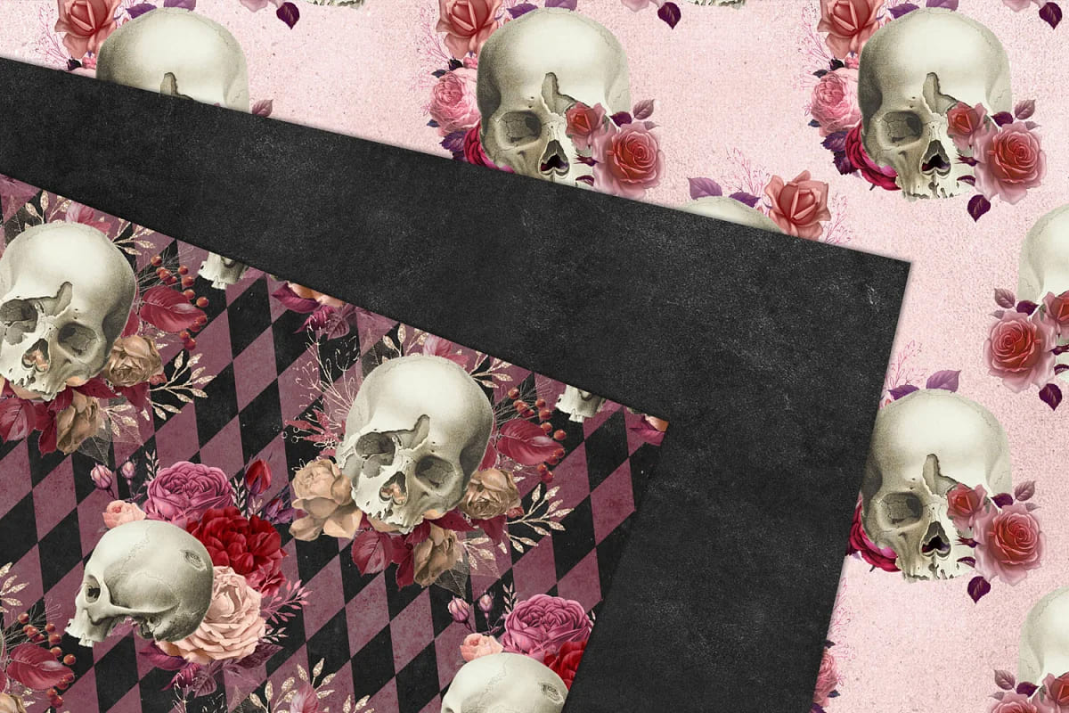 pink skull digital paper seamless patterns.