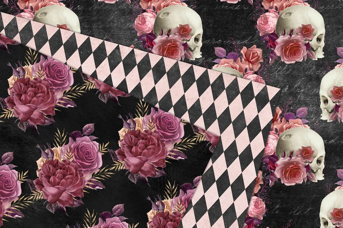 pink skull digital paper withfloral design.