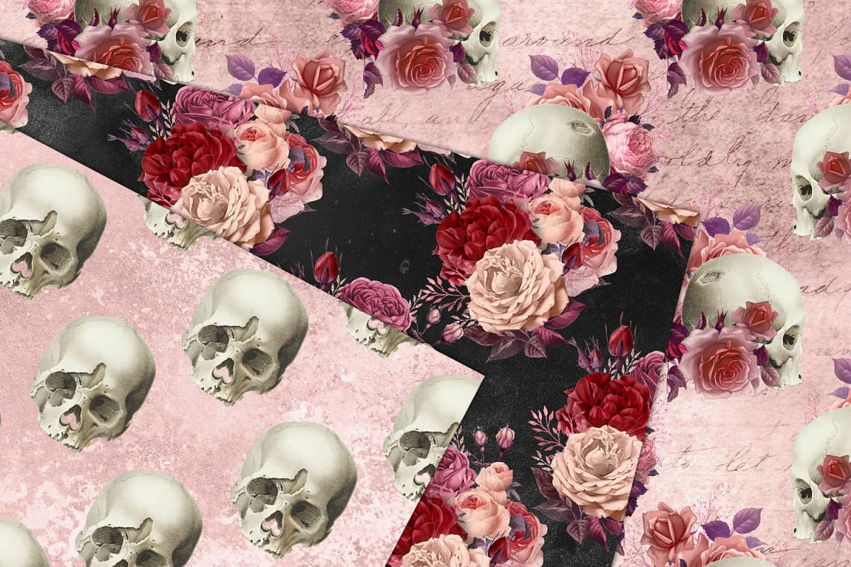 pink skull digital paper for printing.