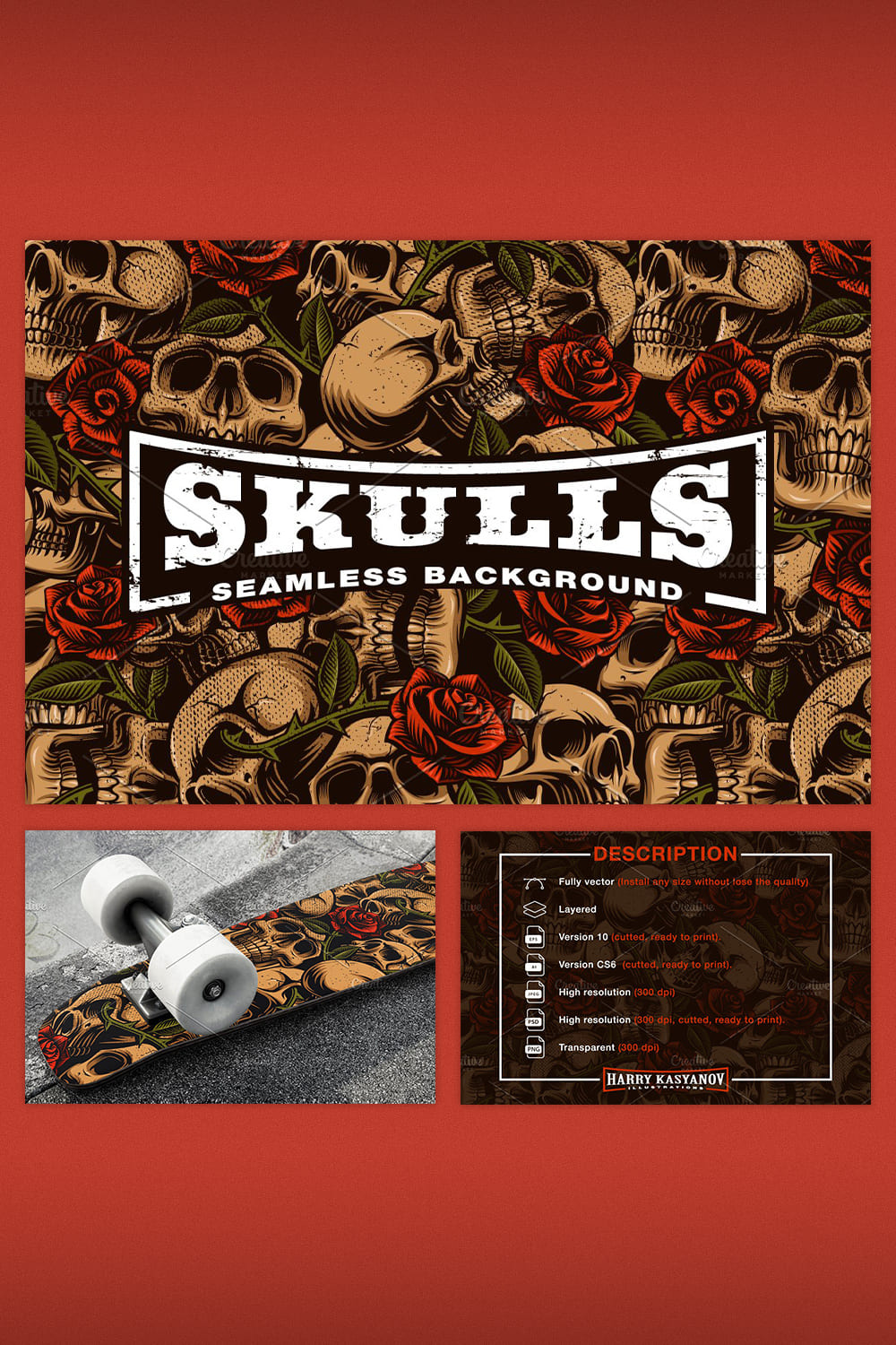 Skulls and Roses Seamless Background pinterest image.