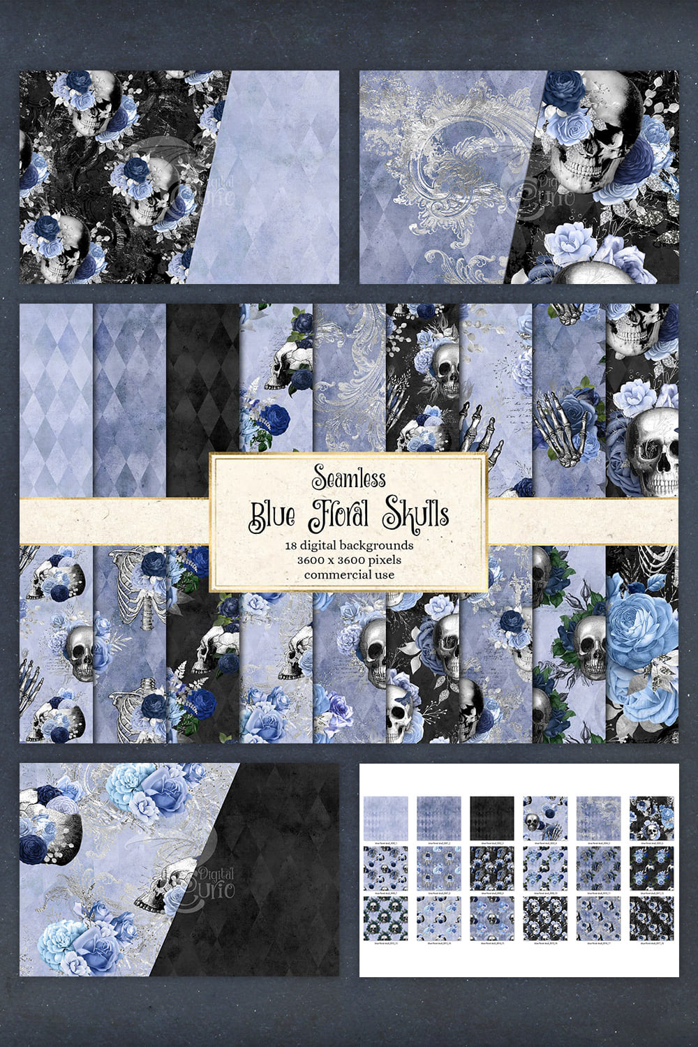 Blue Floral Skulls Digital Paper pinterest image.