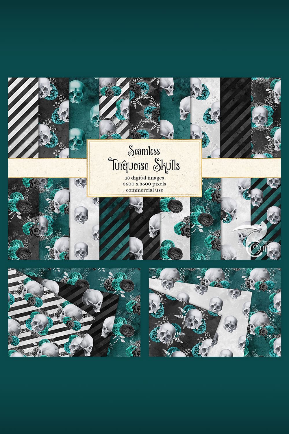 Turquoise Skull Digital Paper pinterest image.