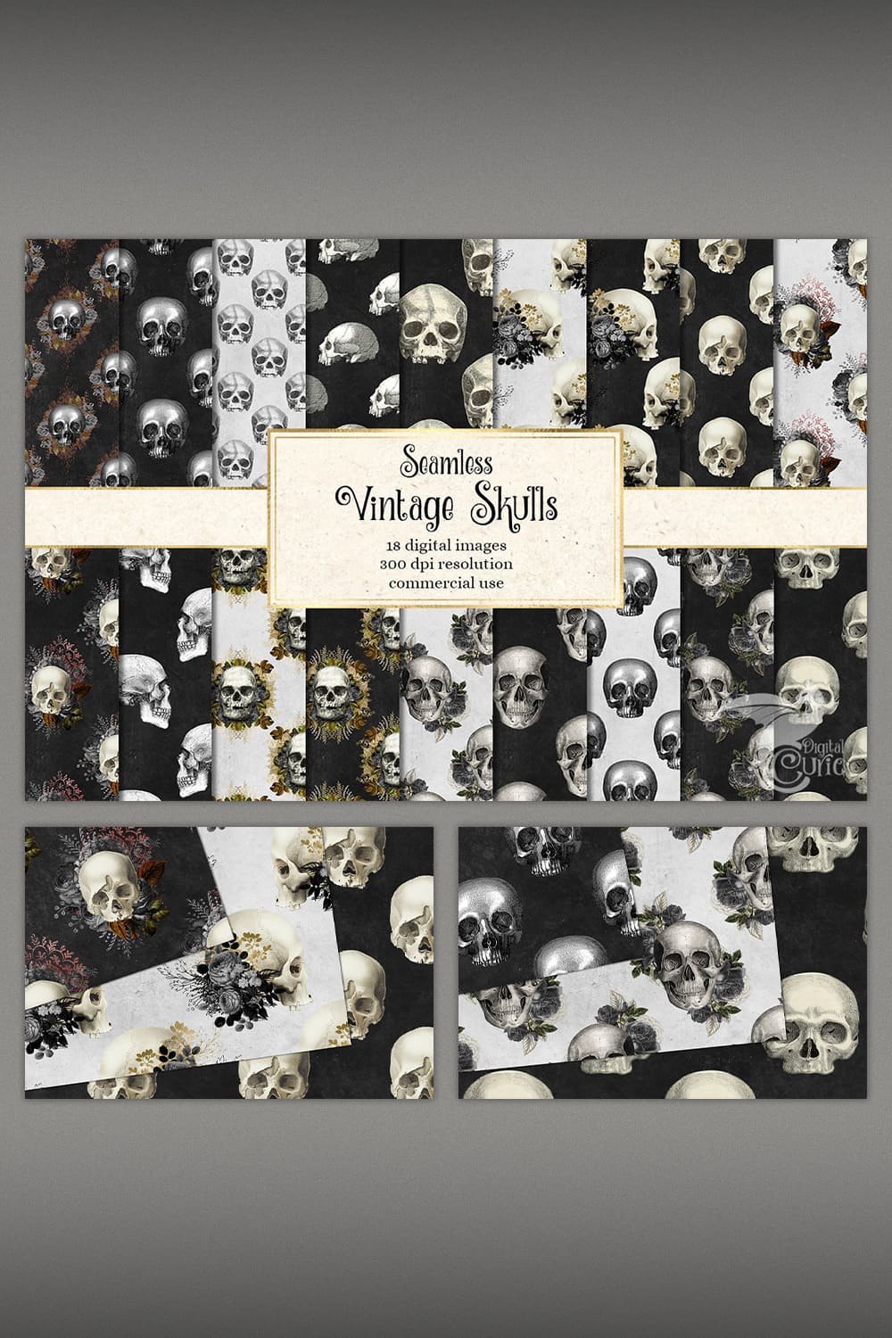 Vintage Skulls Digital Paper pinterest image.