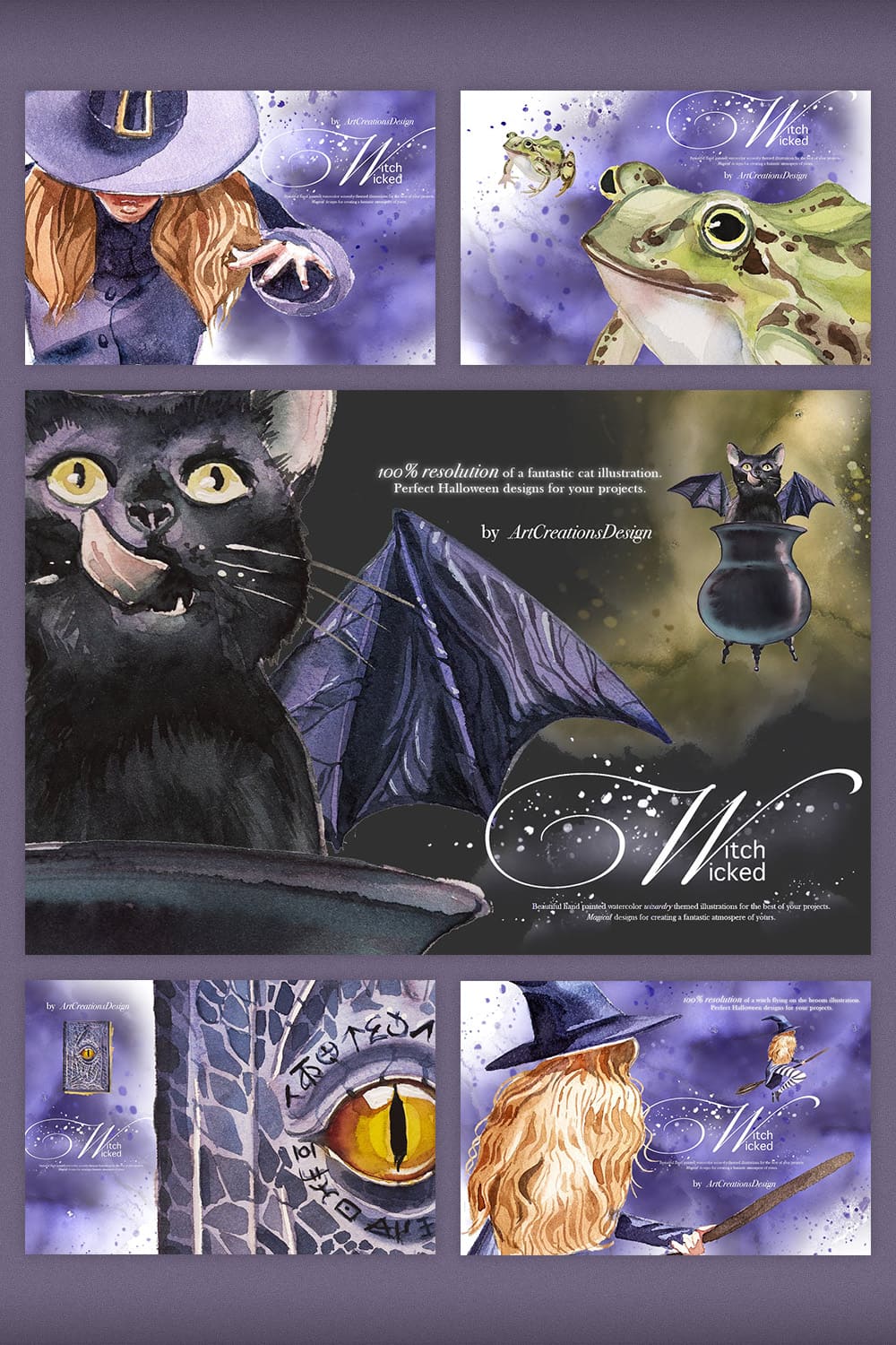 Watercolor Wicked Witch Clipart Set pinterest image.