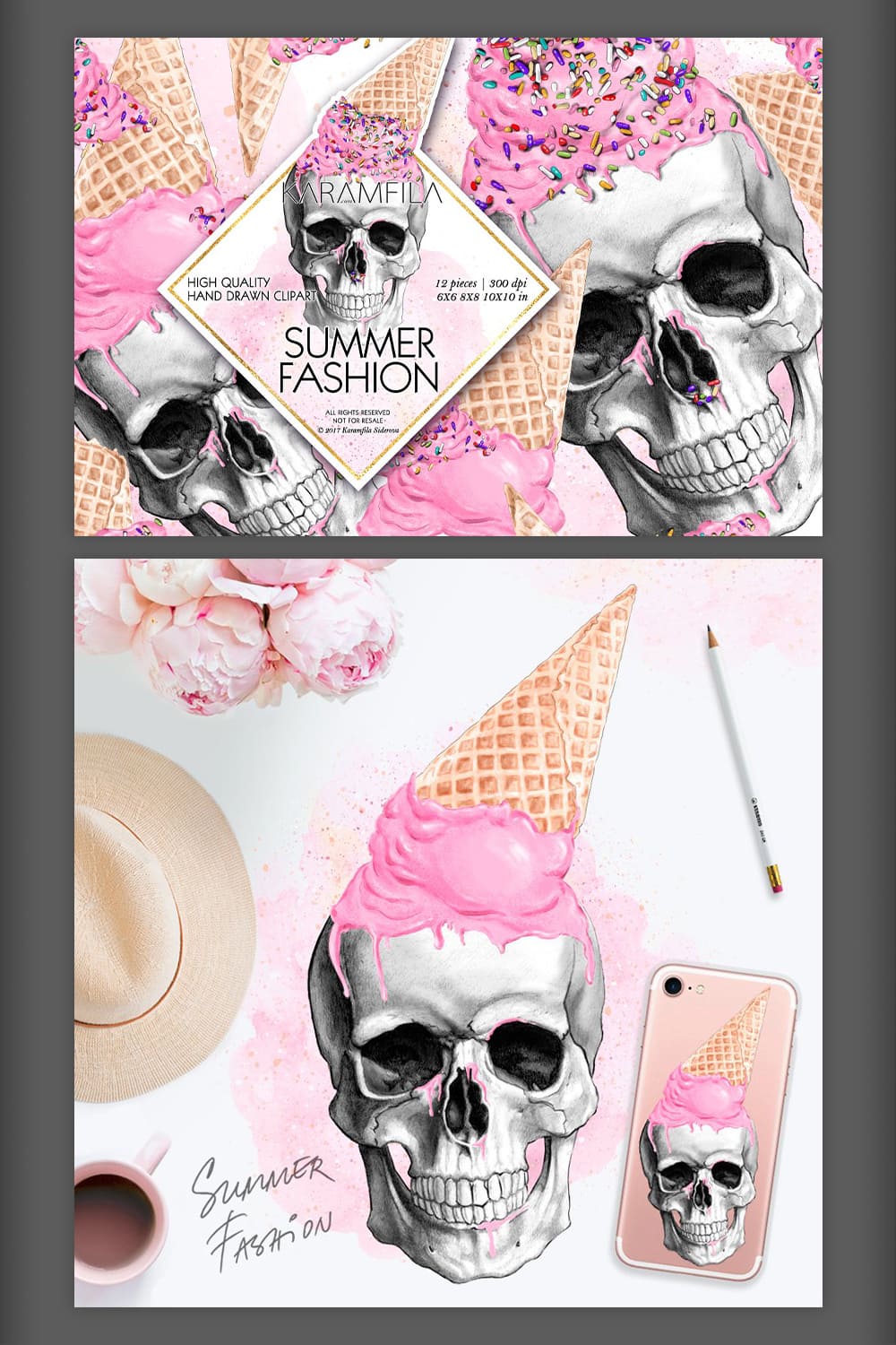 ice cream skulls graphics set.