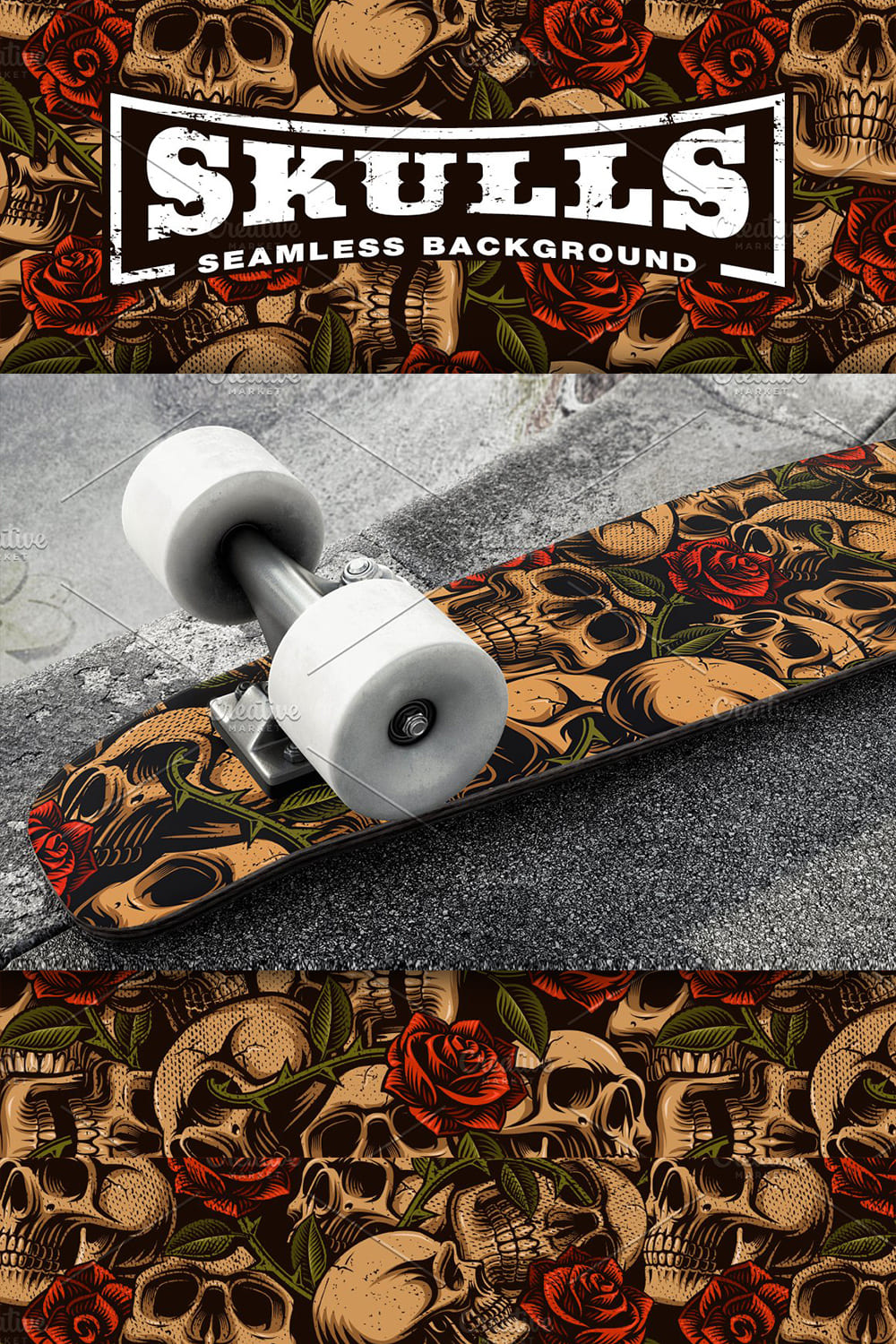 skulls and roses seamless background skateboard design mockup.