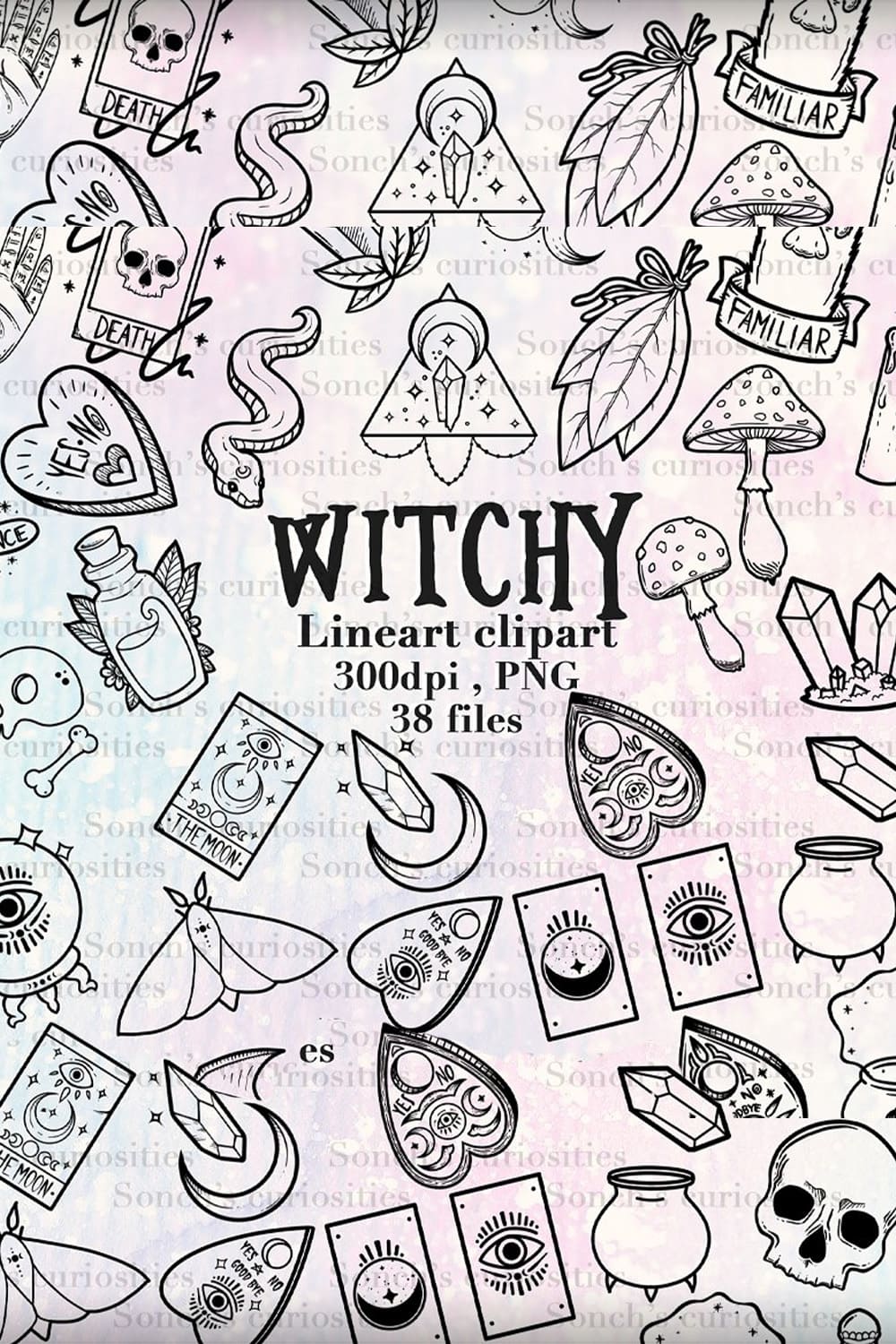 witch inspired linear clipart set.