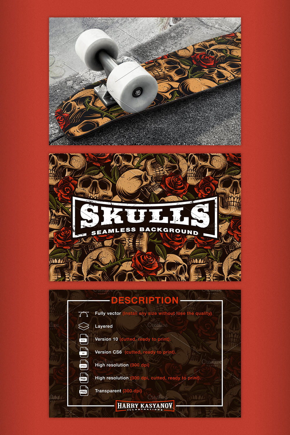 skulls and roses seamless background.