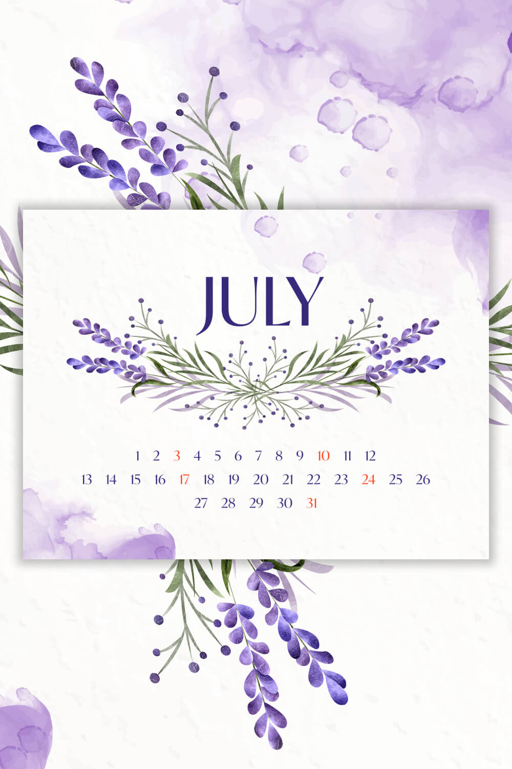pinterest Free Editable July Calendar Lavender.