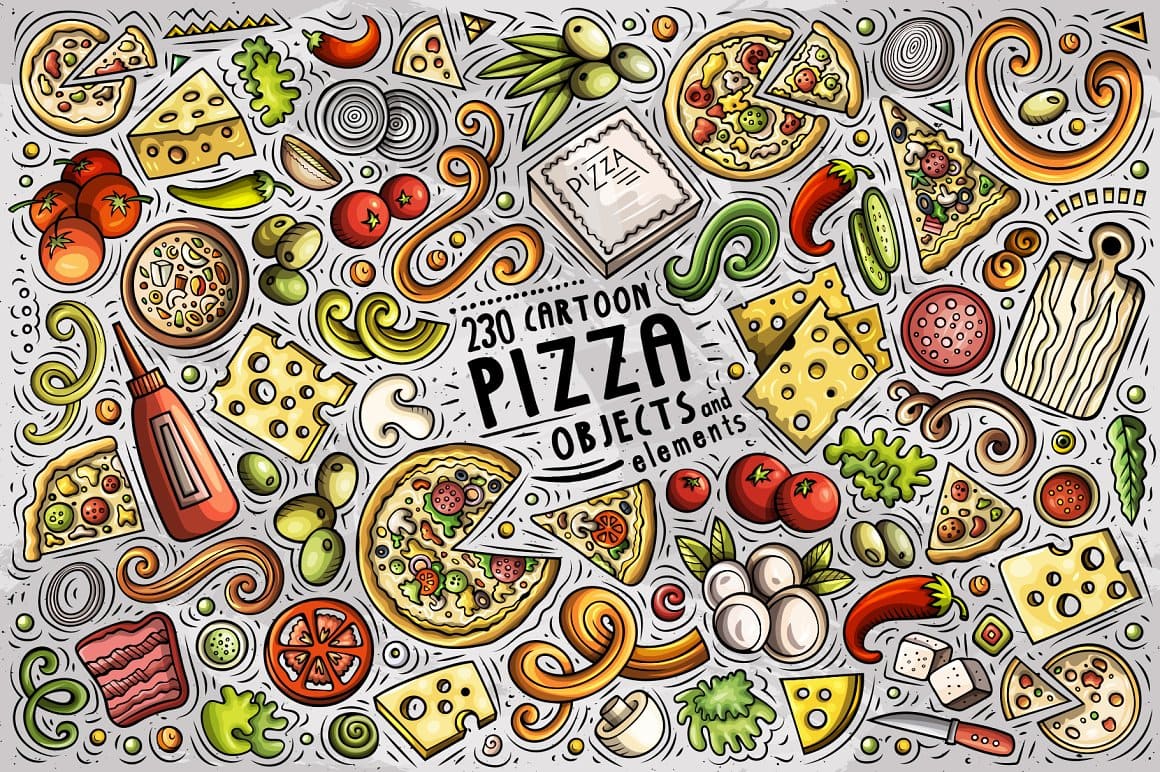 Pizza Cartoon Vector Objects Set Preview 1.