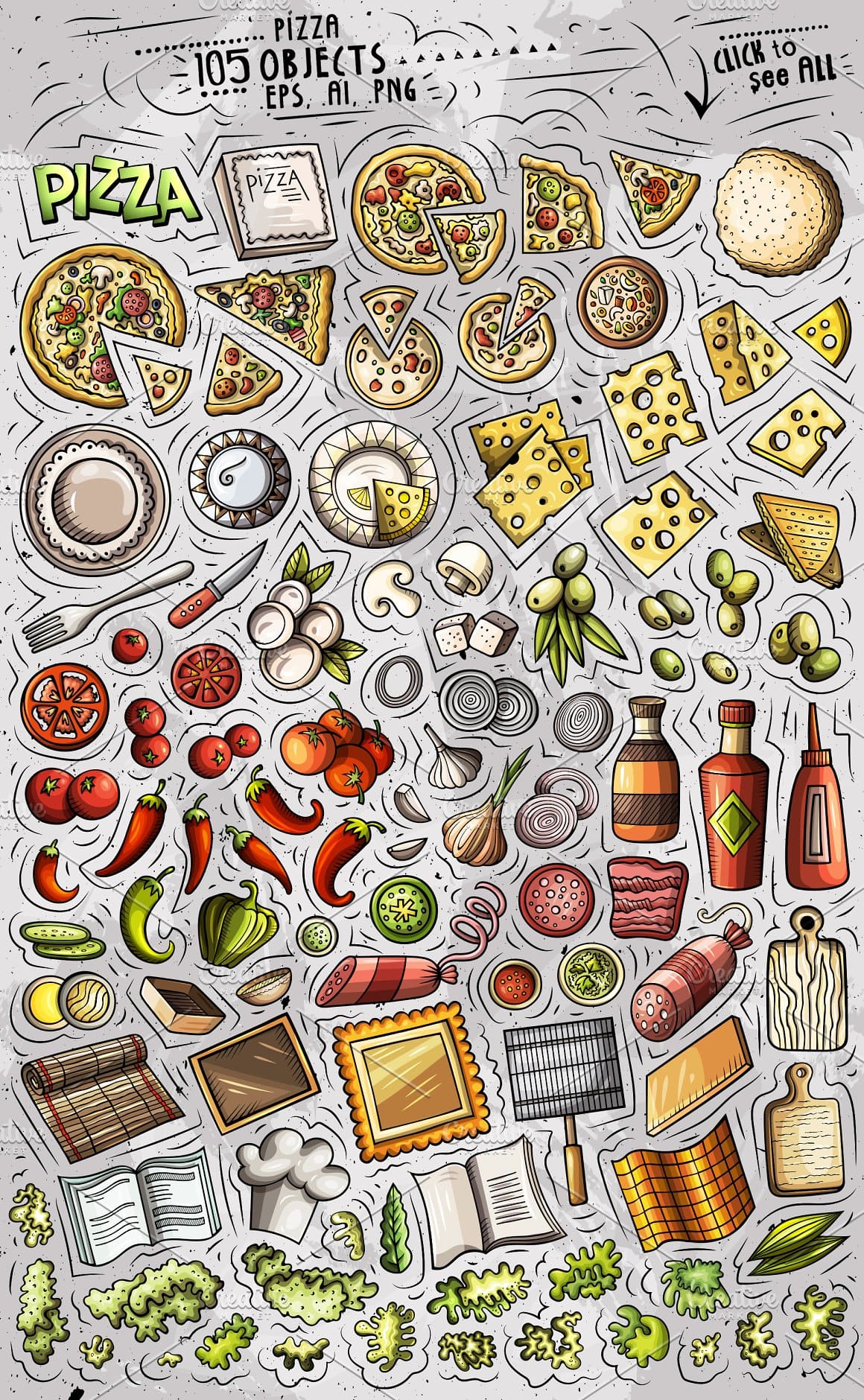 Pizza Cartoon Vector Objects Set Preview 2.