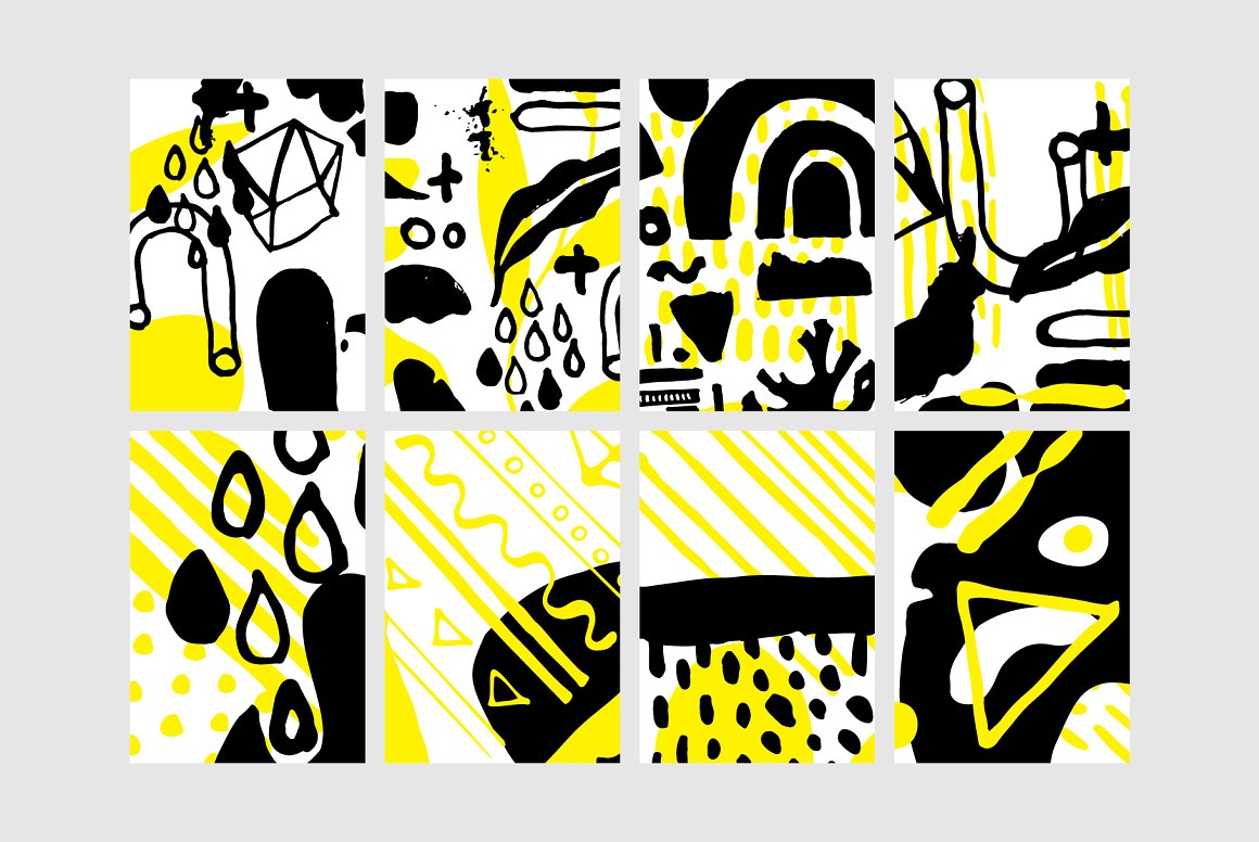 Different images of yellow and black style on a white background.