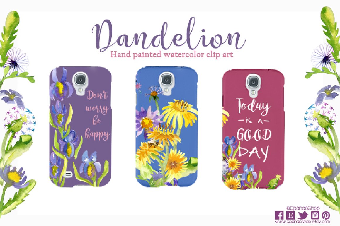 Print on a phone case with dandelions.