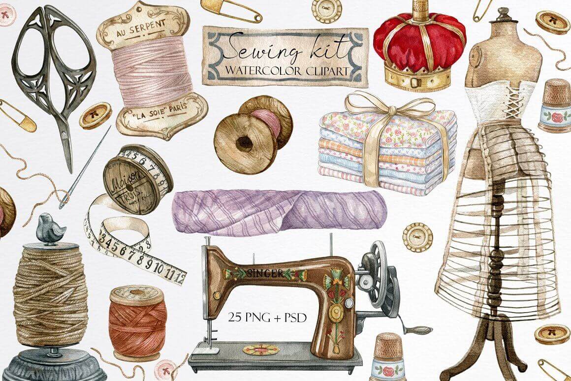 Watercolor Vintage Sewing Clip Art. Branding Kit, Sewing Machine,  Needlework, Stitching, Scissors DIY Clipart. Individual PNG Files.  (Download Now) 