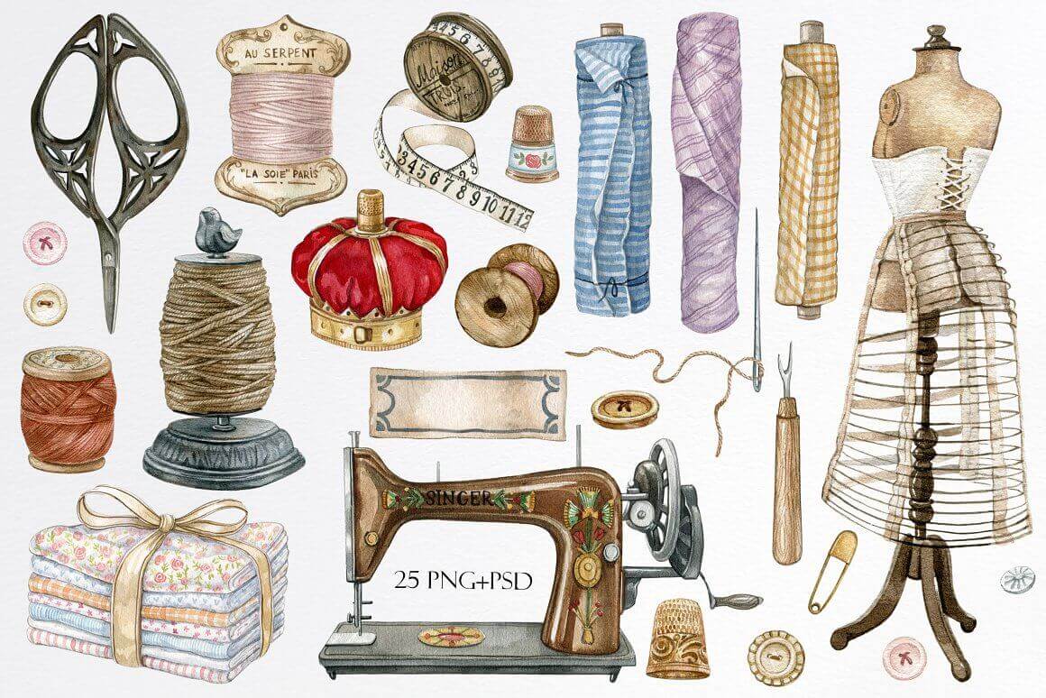 Illustrations of needles, fabrics, buttons and pins.
