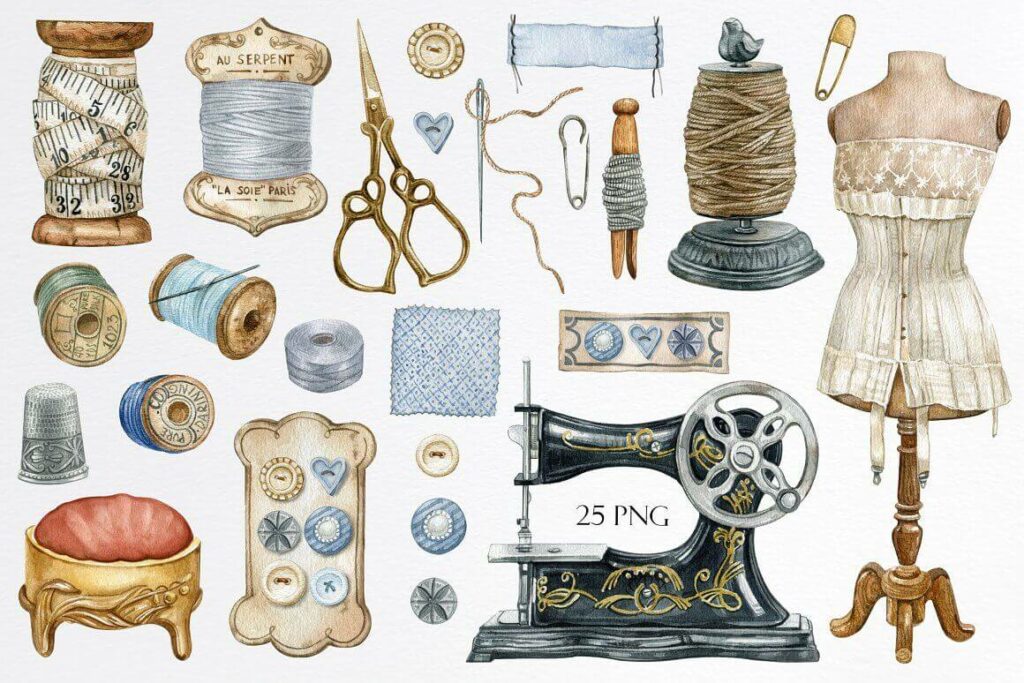 Watercolor Vintage Sewing Clipart – MasterBundles