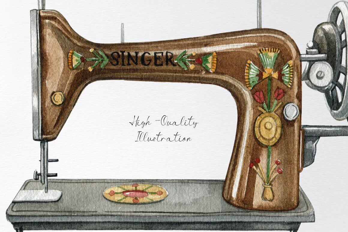 Illustrations of a decorative sewing machine.