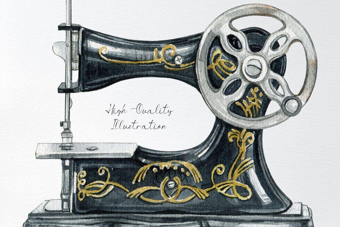 Black sewing machine with golden patterns.