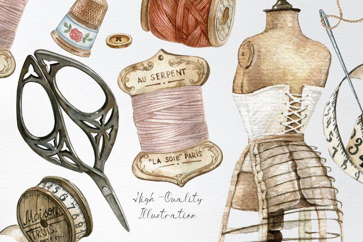 Illustrations of vintage handicraft items.