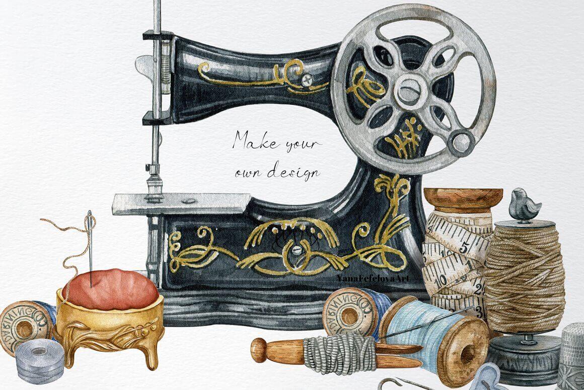 Black sewing machine with threads on a white background.
