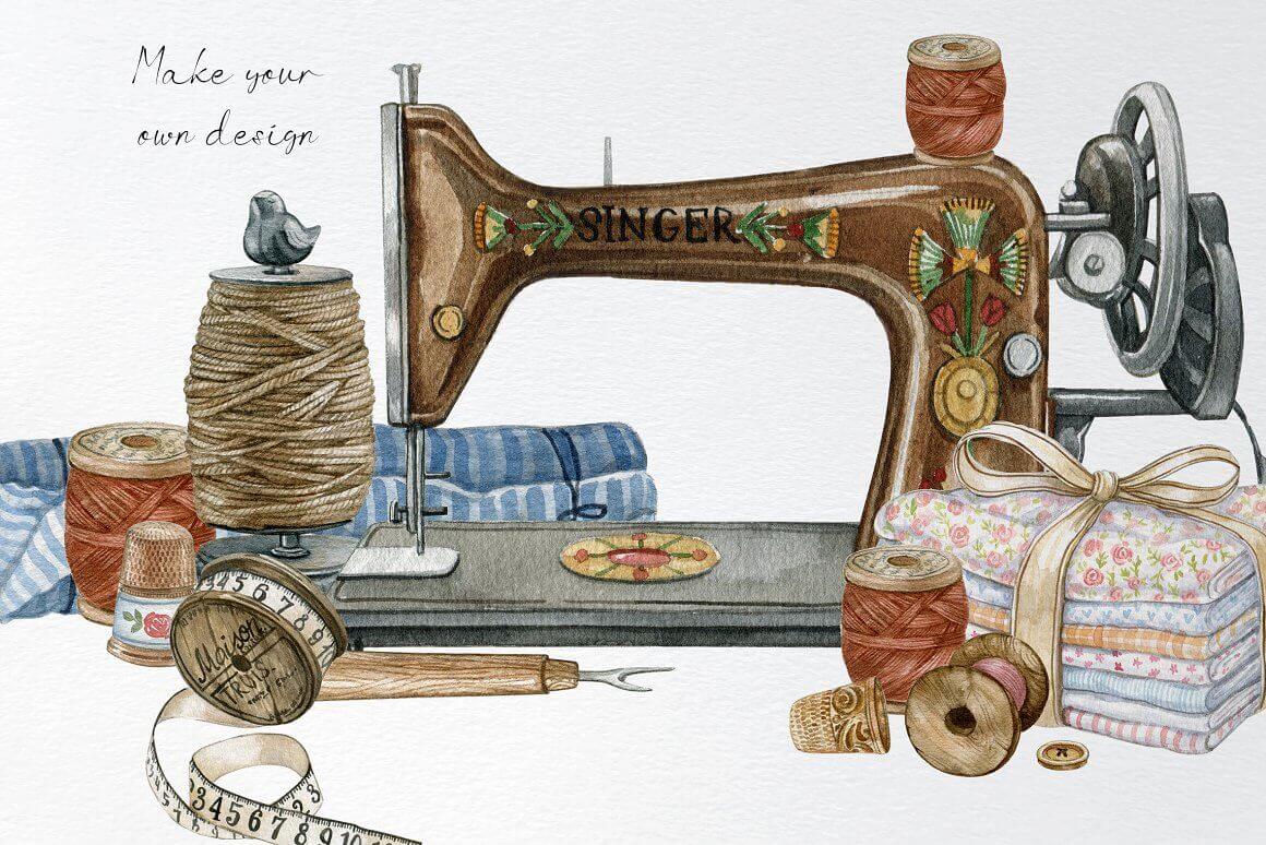 Illustrations of vintage threads and other needlework items.