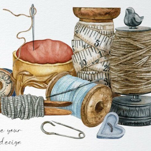 Watercolor Vintage Sewing Clipart | Master Bundles