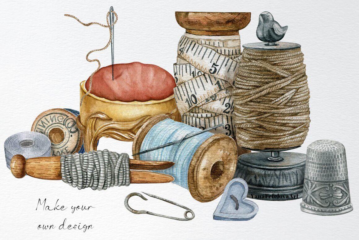 Centimeter, threads, pins, needles painted in watercolor.