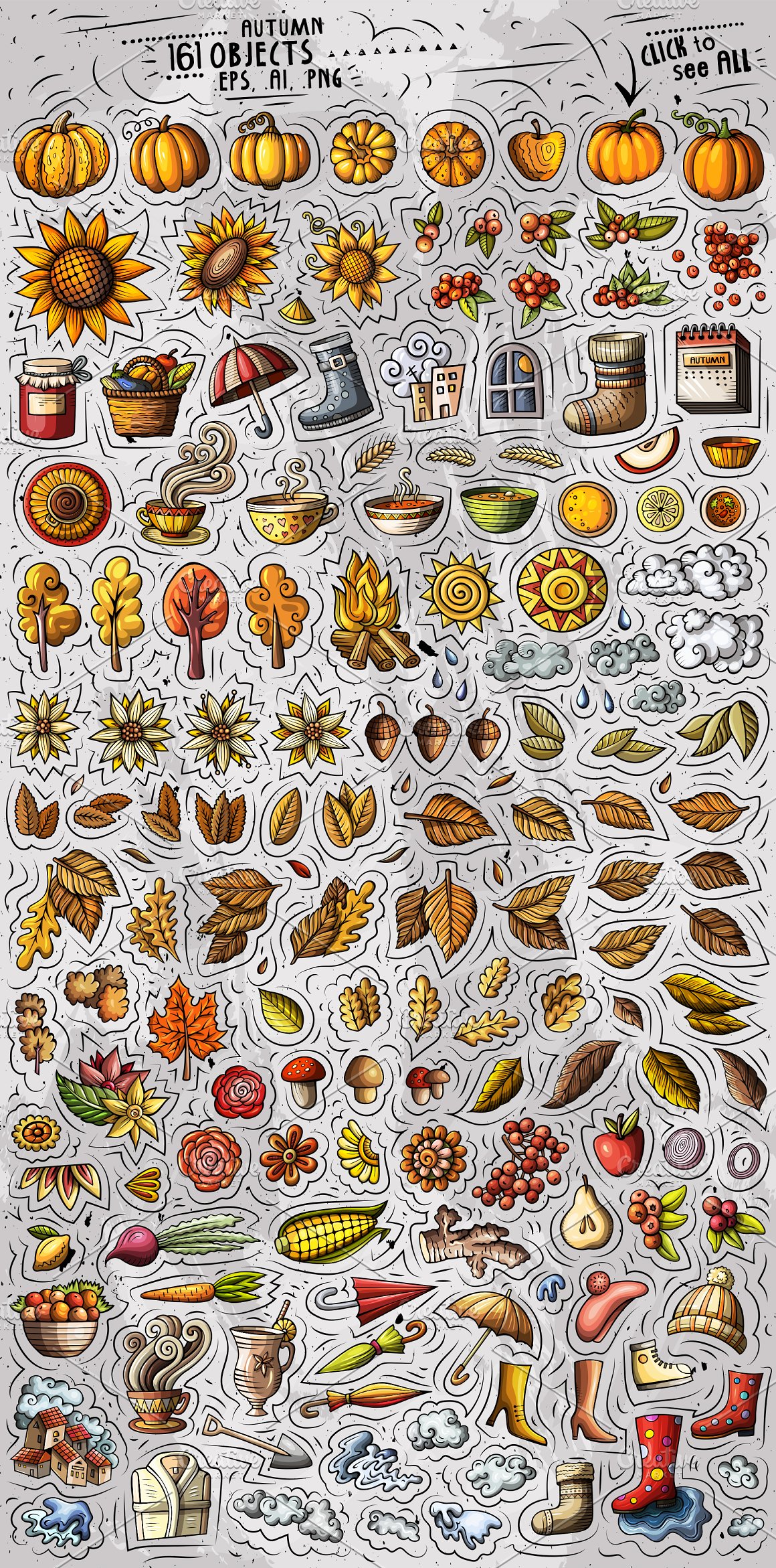 Interesting icons with leaves, acorns, cups, vegetables.