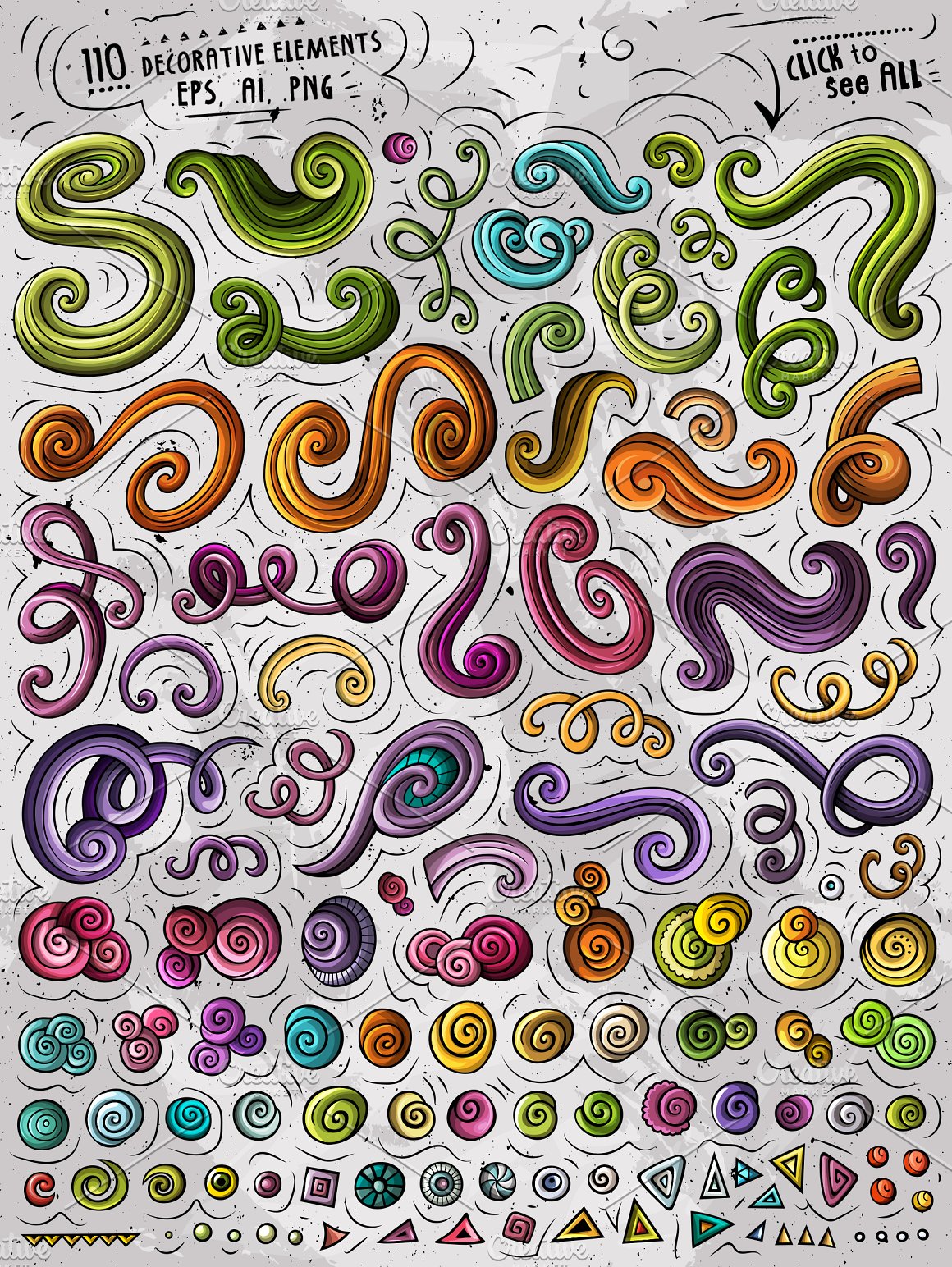 Dashes, swirls and other drawings of different colors.