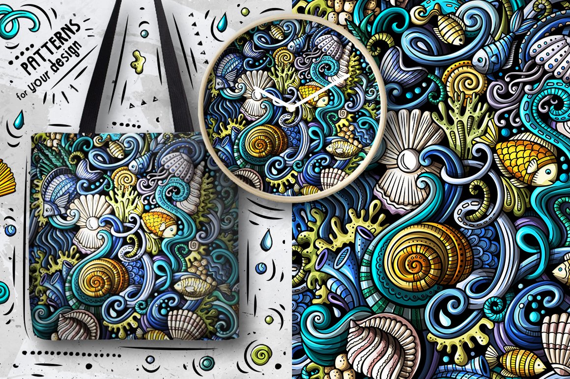 Preview print with marine life on the bag, and other uses.
