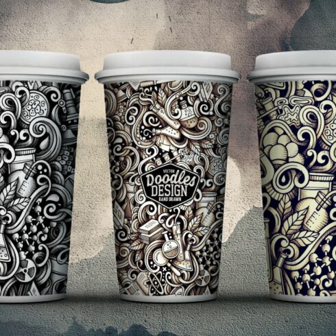 Images on cups with scientific reagents.