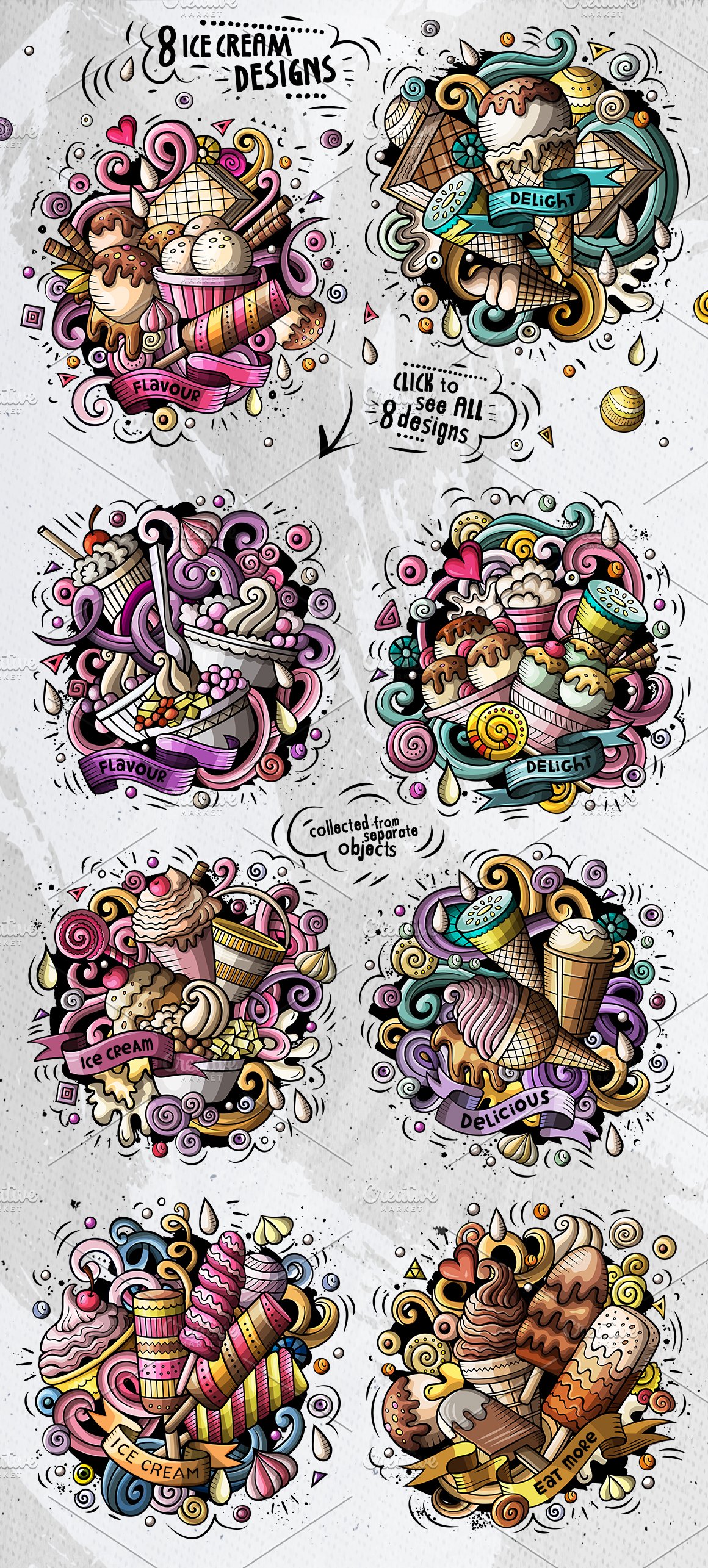 Grouping of drawings on the theme of ice cream in different colors.