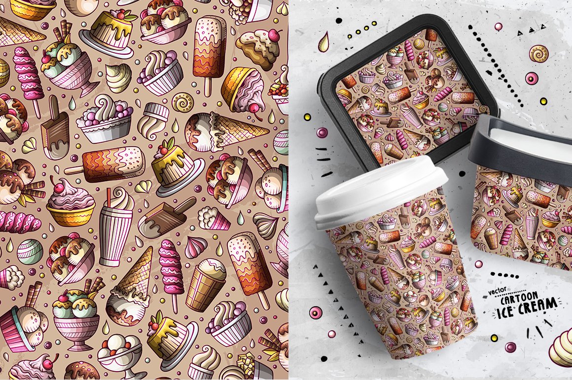 Prints with ice cream on a brown background on cups, dots and packaging.